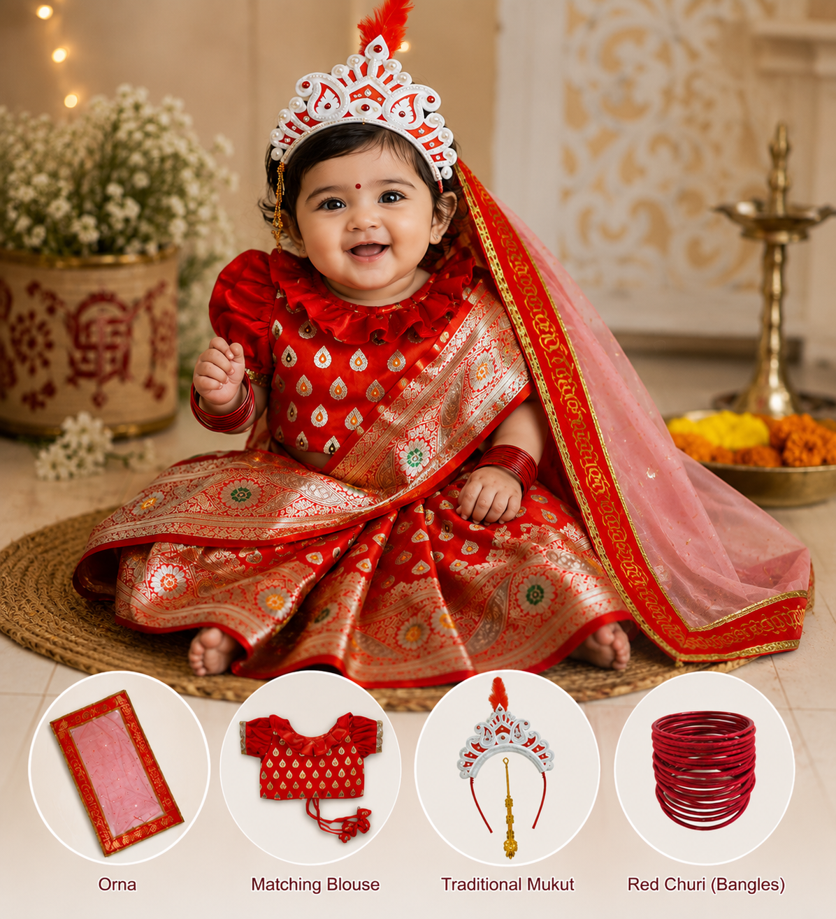 Traditional Red Banarasi Saree Combo Set for Baby Girls | Rice Ceremony Outfit with Blouse, Mukut & Bangles
