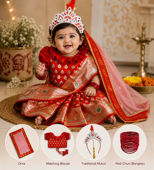 Traditional Red Banarasi Saree Combo Set for Baby Girls