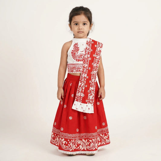 Handcrafted Red & White Rice Ceremony Dress Set for Baby Girls | Traditional Annaprashan Outfit
