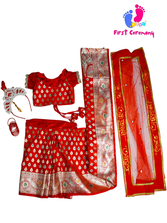 Traditional Red Banarasi Saree Combo Set for Baby Girls
